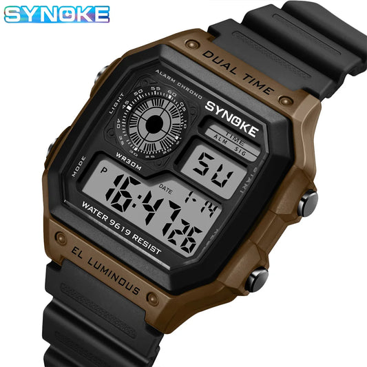 Synoke Montre numérique militaire d'extérieur pour hommes Montre rétro pour hommes de mode Montre de sport pour hommes étanche 3 bars Montre multifonctionnelle lumineuse