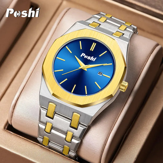 POSHI Quartz Watch for Man Fashion Luxury Business Wrsitwatch Simple Dial with Date Stainless Steel Strap Men's Watches Original