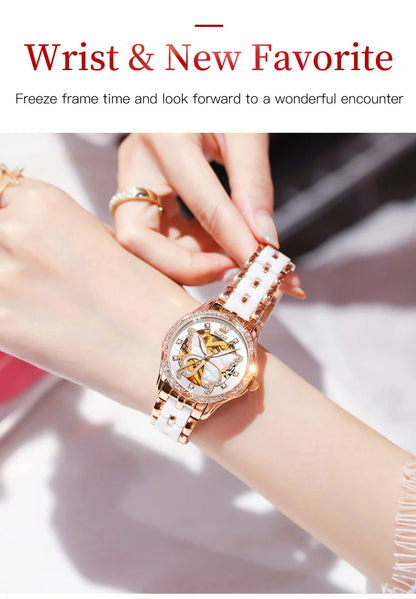 OLEVS Automatic Watches for Women Luxury Rose Gold Skeleton Mechanical Waterproof Luminous Women Bracelets Watches Elegant Set