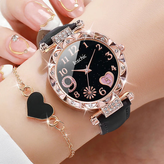 6PCS/Set Women's Watch Fashion Rhinestone Heart Quartz Watch Leather Band Wristwatches Bracelets Set（Without Box）