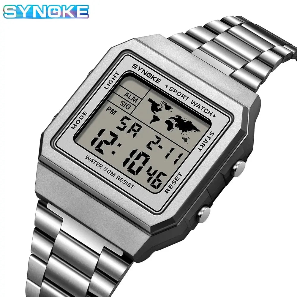 SYNOKE Top Marque De Luxe En Acier Inoxydable Chrono Sport Montres Hommes Rétroéclairage Affichage Montre-Bracelet Numérique 5Bar Étanche Reloj Hom