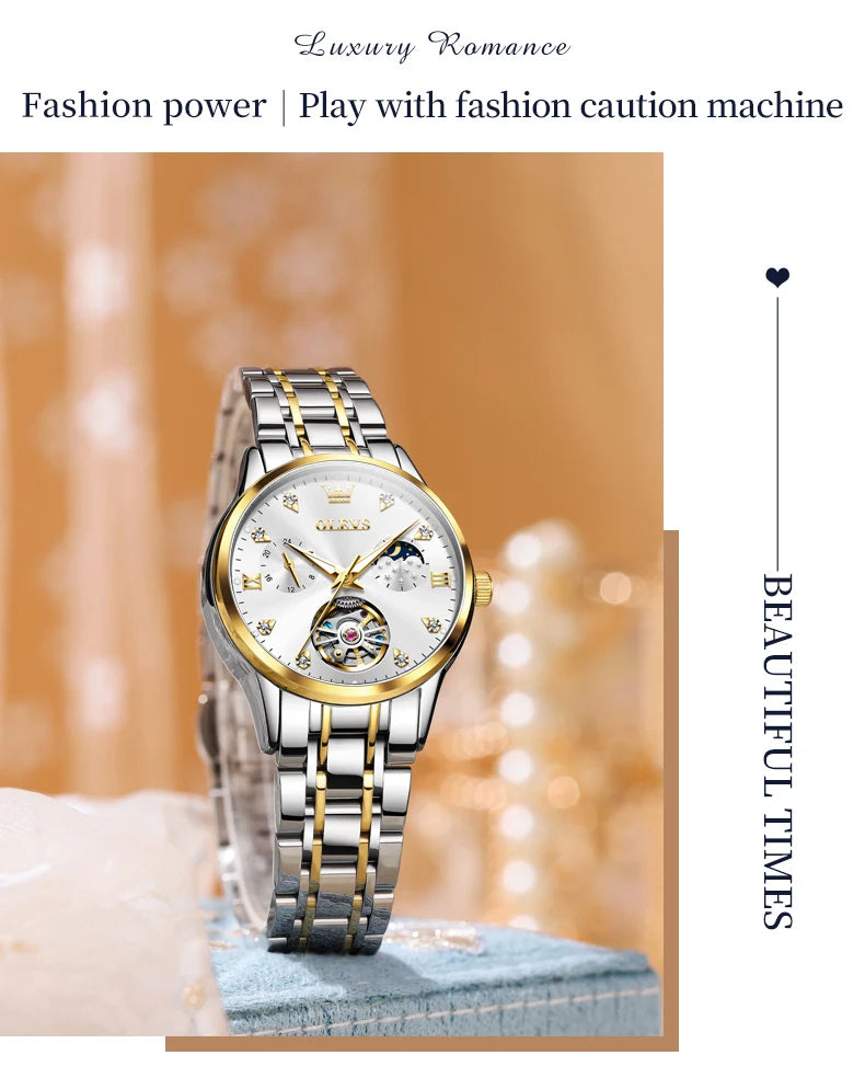 OLEVS Automatic Watch for Women Waterproof Luminous Skeleton Original Automatic Mechanical Elegant Women's Watches Set Gidt