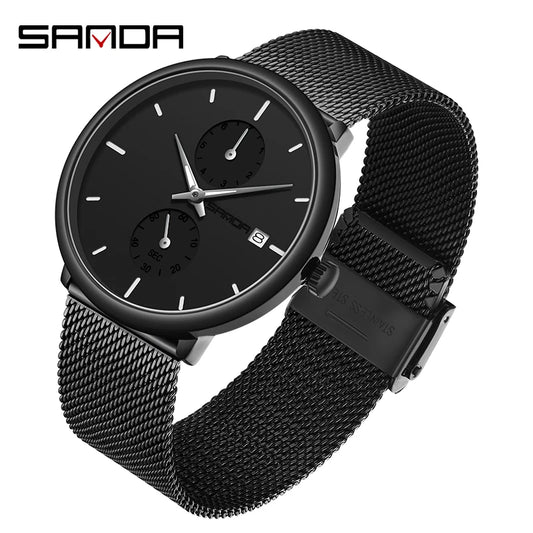 SANDA Fashion Mens Watches Top Brand Luxury Quartz Watch Men Casual Slim Mesh Steel Waterproof Sport Watch Relogio Masculino