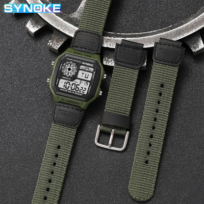 SYNOKE Montre numérique rétro avec bracelet en toile de nylon, lumineuse et étanche, pour homme, sport, carré, classique, étudiant, extérieur, militaire