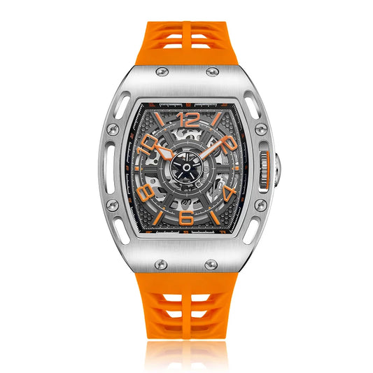 High Quality 50 Meters Waterproof See Through Skeleton Dial Orange Silicone Band Men Quartz Watch