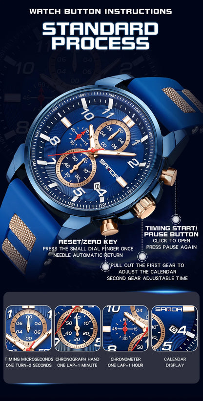 Sanda 5506 New Design 2023 Trendy Soft Silicone Strap Quartz Movement Fashion Business Men Watertproof Chronograph Wrist Watch