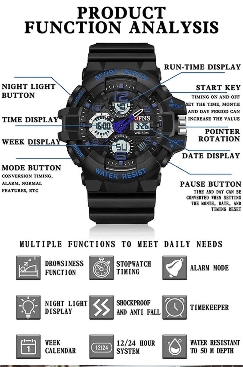 OFNS Top Grade 3168 Fashion Men's Military Multi functional Watch Weekly Sports Belt LED Digital Waterproof Watch Men's Clock