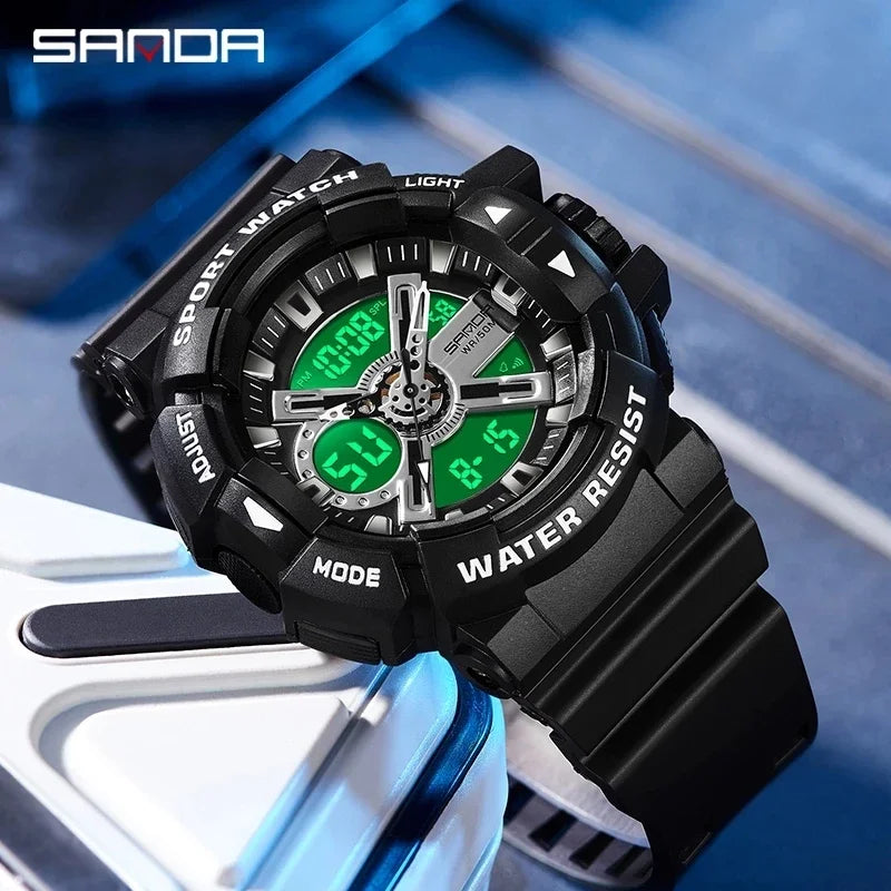 SANDA New Men's Watches Dual Display Sports Military 50M Waterproof Digital Watch Quartz Wristwatch Clock Relogio Masculino 3128