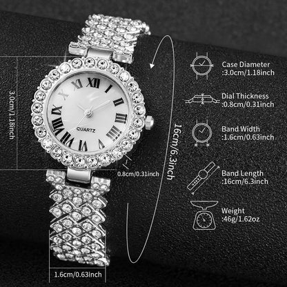 WOMEN'S ROMA DIAL FULL DIAMOND STEEL BAND QUARTZ WATCHES WITH HEART JEWELRY