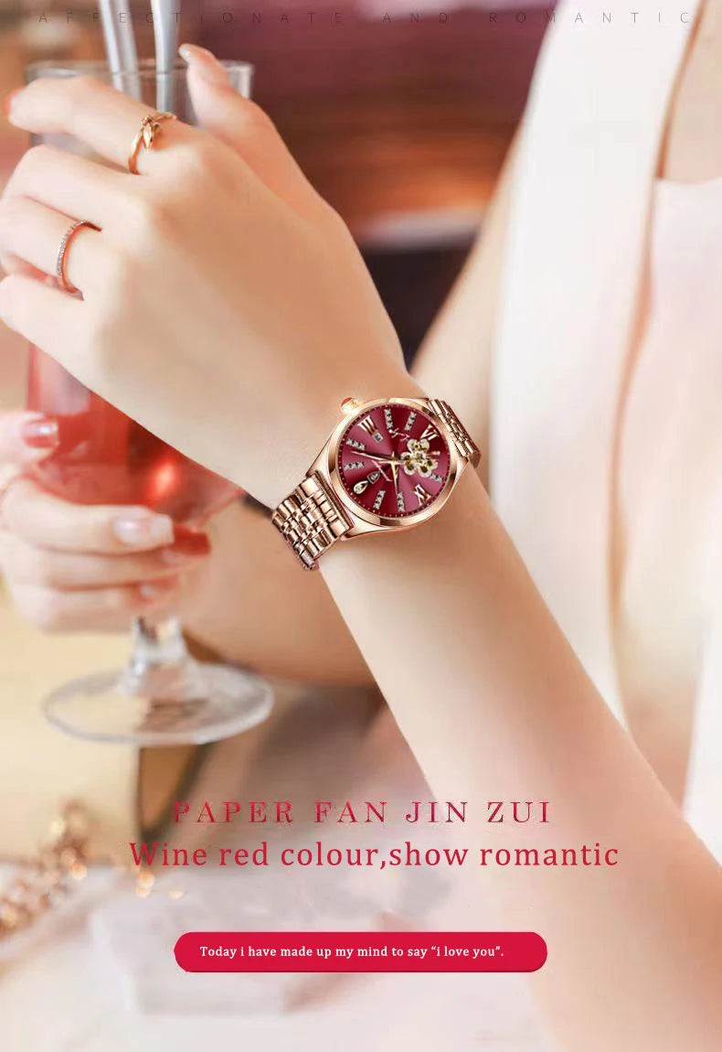 POEDAGAR Women Watch Fashion Luxury Wine Red Quartz Watches Waterproof Stainless Stain Ladies Wristwatch Romatic Girlfriend Gift