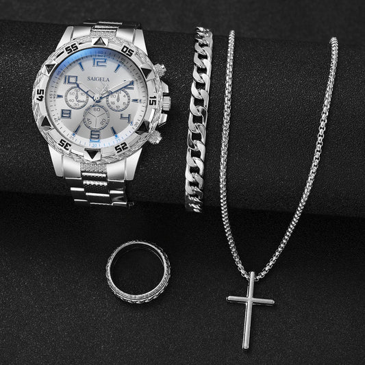 MEN'S BUSINESS QUARTZ WATCHES WITH SILVER STEEL BAND SET