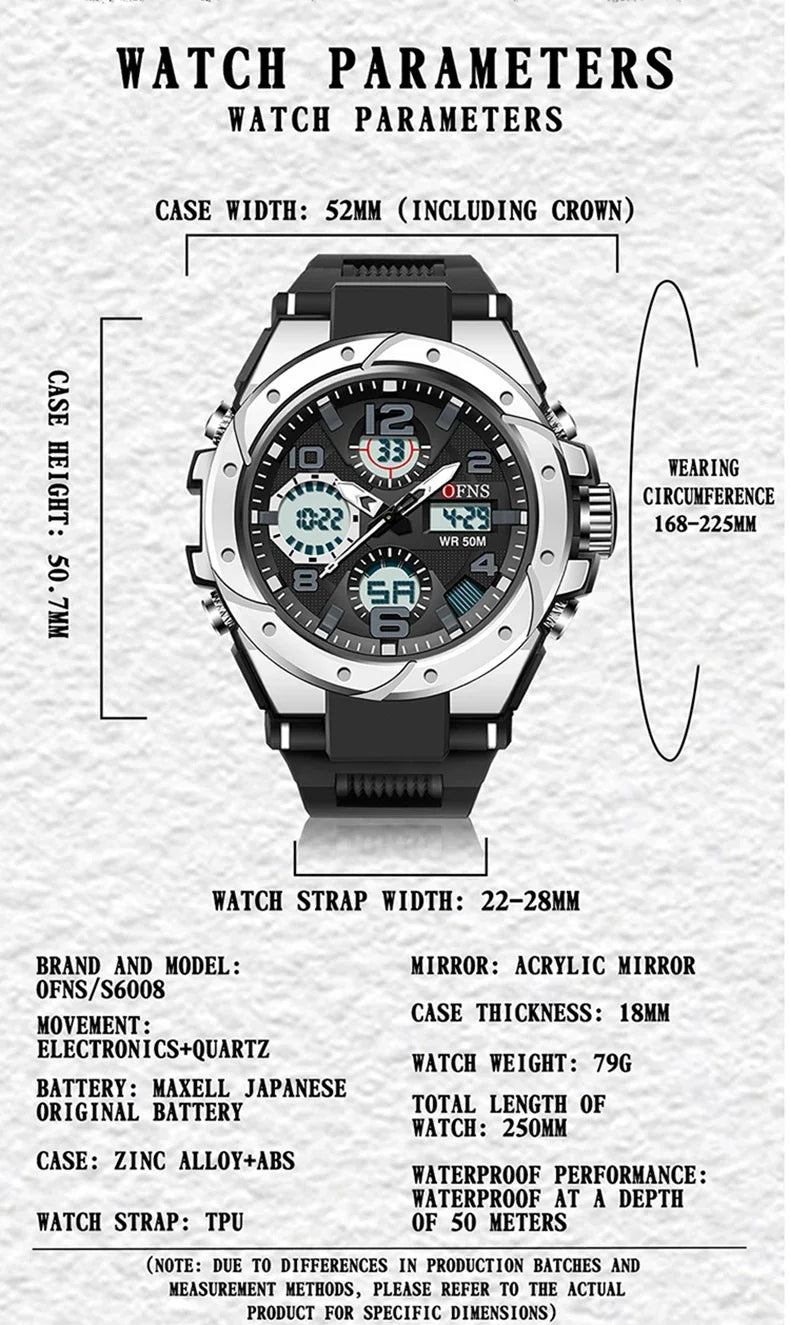 OFNS Top Brand 6008 Fashion Men's Sports Watch Dual Screen Analog Digital LED Electronic Quartz Watch Waterproof Men's Watch