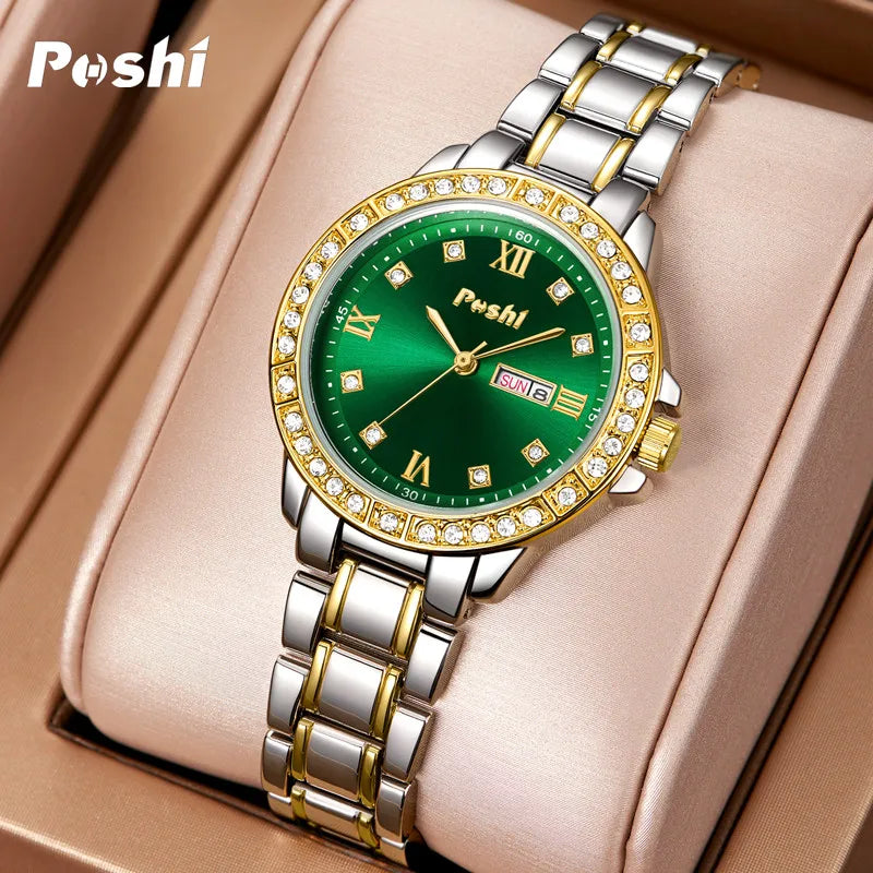 POSHI Quartz Watch for Women Alloy Strap Causal Ladies Wristwatch with Date Week Fashion Elegant Bracelet Waterproof Gift