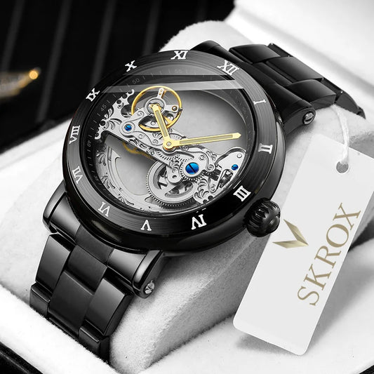 SKROX Hollow Skeleton Automatic Movement Man Watch Mechanical Waterproof Male Wrist Watches Original Top Brand Luxury Clockwork