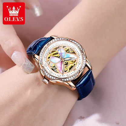 OLEVS Mechanical Watch for Women Ceramic Blue strap Original Wristwatch Skeleton Automatic Diamond Elegant Ladies Watches Set