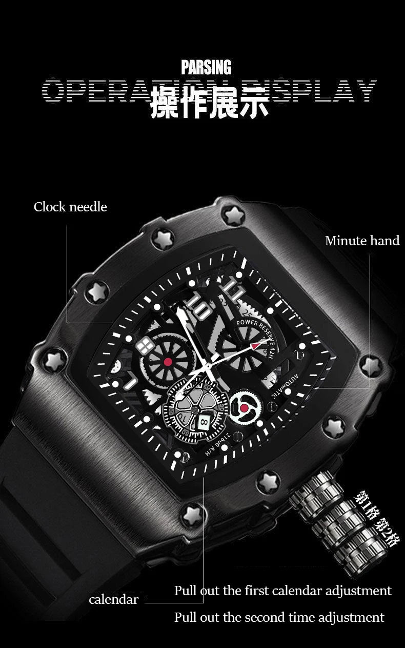 UTHAI Men's Watch Sports Fashion Trend Fully Automatic Quartz Wristwatch Hollow Waterproof Black Warrior Male Clock Watches