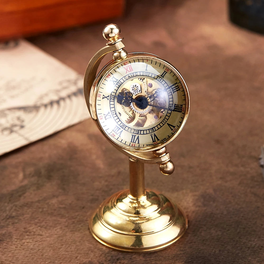 Spinning Globe Mechanical Pocket Watch Vintage Gold Desk Clock Men Male Creative Gift Copper Table Pocket Watches FOB Retro