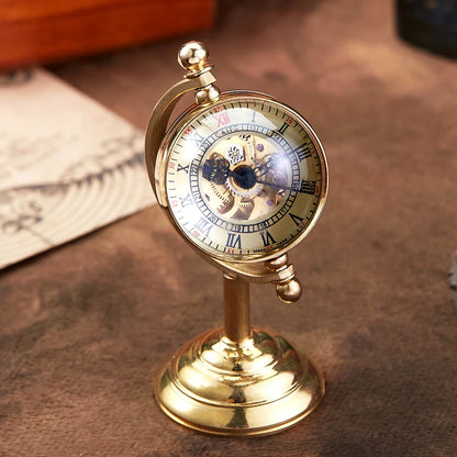 Spinning Globe Mechanical Pocket Watch Vintage Gold Desk Clock Men Male Creative Gift Copper Table Pocket Watches FOB Retro