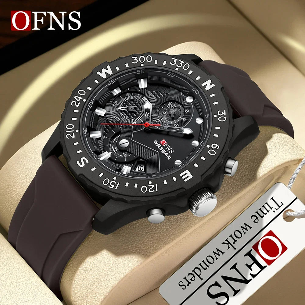 OFNS Brand 1302 Luxury Fashion Men's Quartz Watch Men's Watch Business Silicone Sports Waterproof Military Quartz Men's Watch