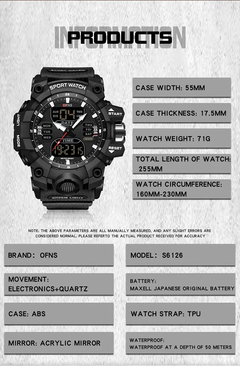 OFNS Top 6126 New Step Calorimeter Single Screen Electronic Watch Minimalist Night Light Waterproof Sports Men's Quartz Watch