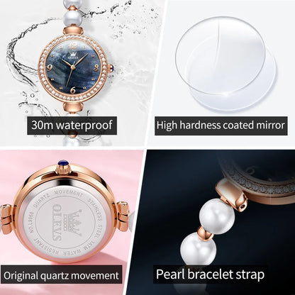 OLEVS Pearl Chain Watch for Women Luxury Diamond Dial Waterproof Original Top Brand Quartz Watches Gift Sets Relógio Feminino