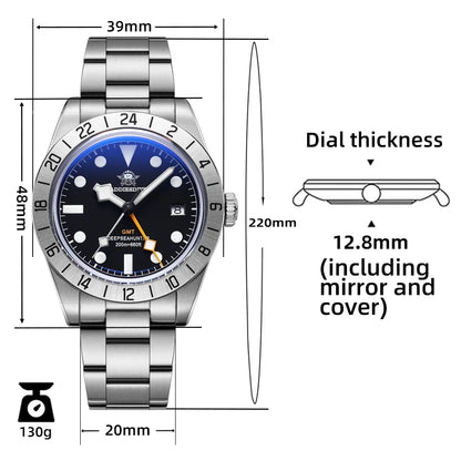 ADDIESDIVE GMT Men‘s Watch 200m Diving Quartz Watch for Men Super Luminous Date 316L Stainless Steel Dress Business Wristwatch