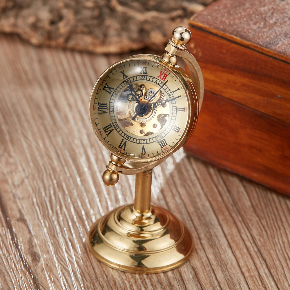 Spinning Globe Mechanical Pocket Watch Vintage Gold Desk Clock Men Male Creative Gift Copper Table Pocket Watches FOB Retro