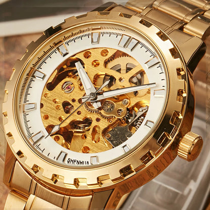 Golden Automatic Mechanical Men WATCH MAN Skeleton Hollow Military Wrist Watches Stainless Steel Waterproof Self Wind Male Clock