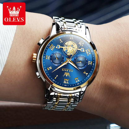 OLEVS Watch for Men Luxury Multifunction Waterproof Luminous Stainless Steel Calendar/Week Display Business Top Quartz Men Watch