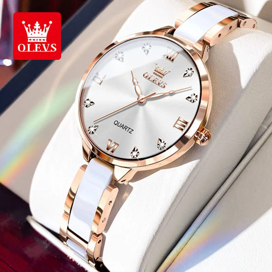 OLEVS Original Quartz Watch for Women Japan Movement Elegant Ceramic Strap Diamond Dial Ladies Watch Waterproof Relógio Feminino