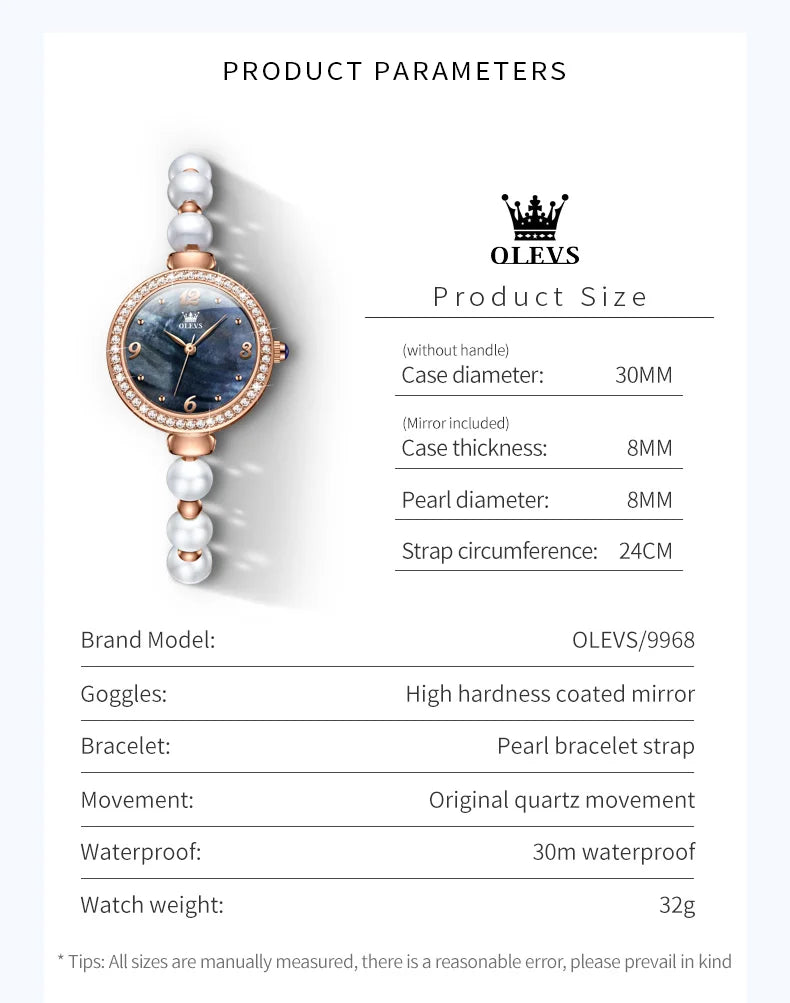 OLEVS Pearl Chain Watch for Women Luxury Diamond Dial Waterproof Original Top Brand Quartz Watches Gift Sets Relógio Feminino