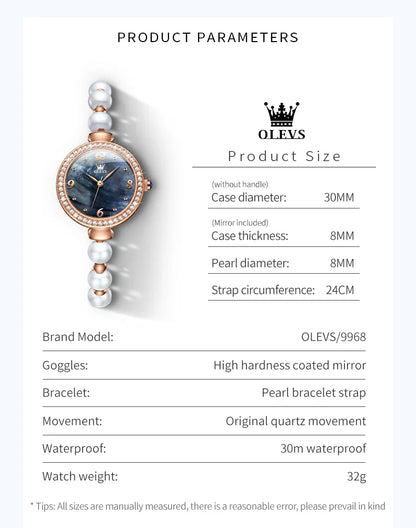 OLEVS Pearl Chain Watch for Women Luxury Diamond Dial Waterproof Original Top Brand Quartz Watches Gift Sets Relógio Feminino