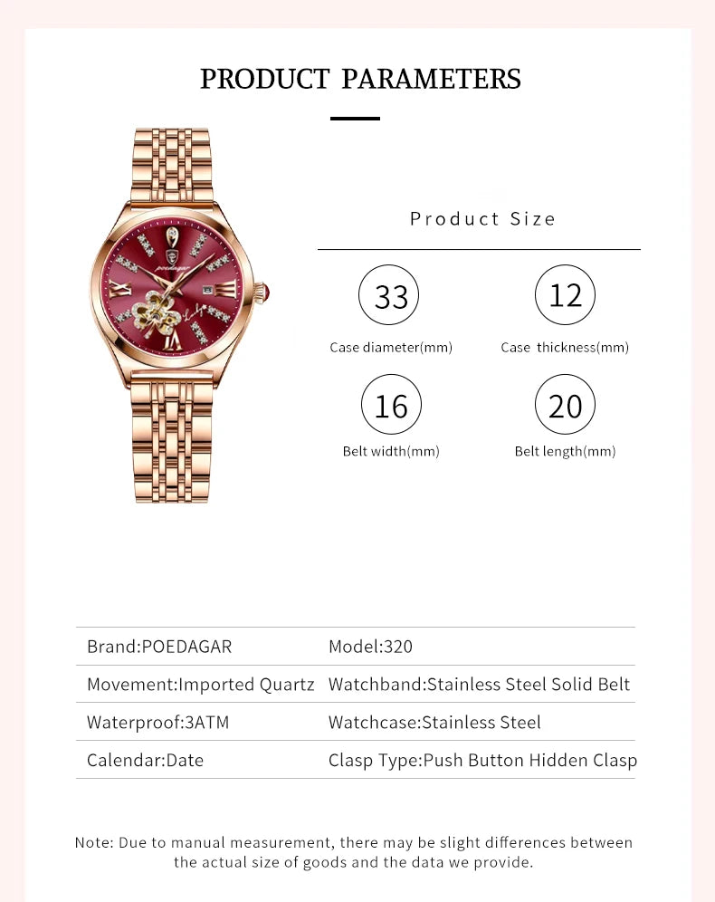 POEDAGAR Women Watch Fashion Luxury Wine Red Quartz Watches Waterproof Stainless Stain Ladies Wristwatch Romatic Girlfriend Gift