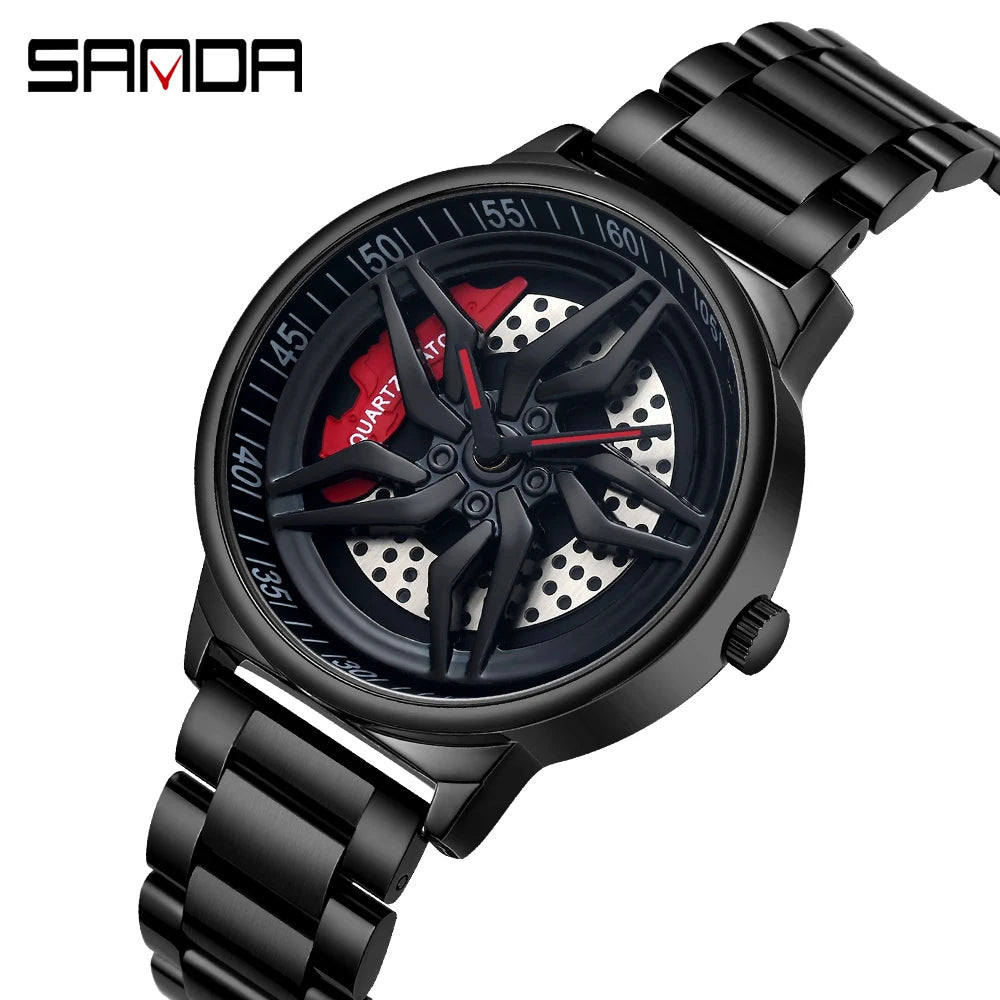 Car Wheel Watch Men Quartz Rotating Dial Waterproof Sport Steel Clock Creative Rim Hub Wheel Wristwatch Relogio Masculine