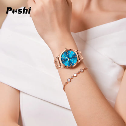 POSHI Women Watches Fashion Stainless Stain Steel Ladies Watch Waterproof Rose Gold Quartz Wristwatch Romatic Girlfriend Gift