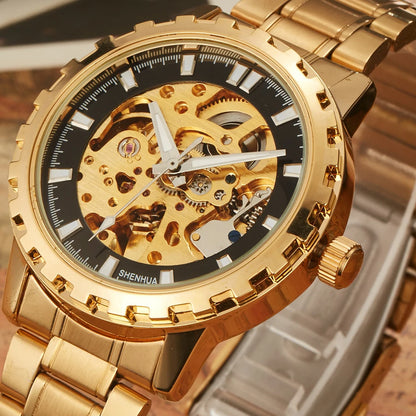 Golden Automatic Mechanical Men WATCH MAN Skeleton Hollow Military Wrist Watches Stainless Steel Waterproof Self Wind Male Clock