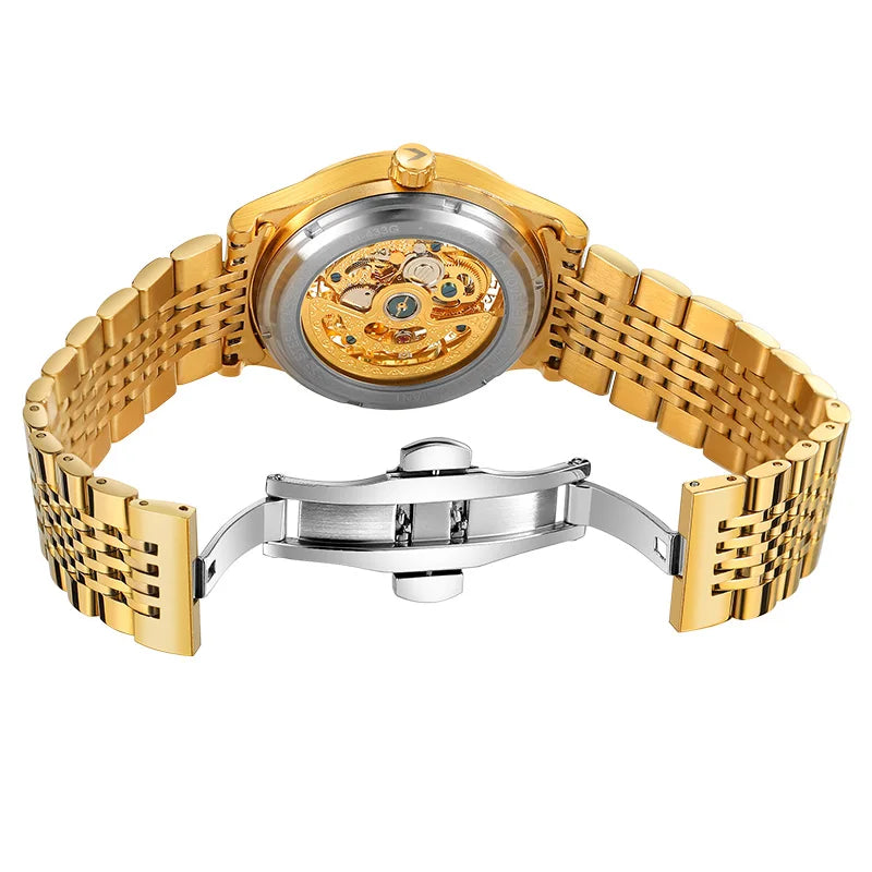 SKROX Stainless Steel Man Gold Watch Skeleton Automatic Mechanical Waterproof Male Wrist Watches Original Brand Luxury Clockwork