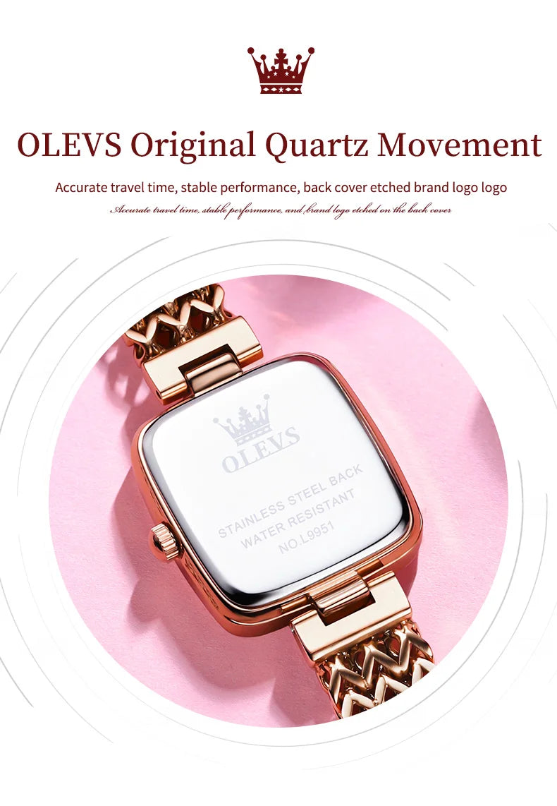 OLEVS New Quartz Watch for Women Elegant Rose Gold Stainless Steel Square Watch Original Luxury Ladies Wristwatches Jewelry Set