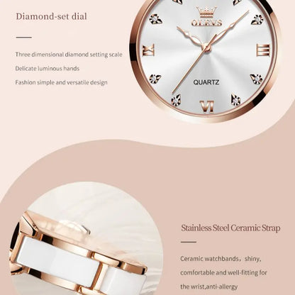 Montre à quartz originale OLEVS pour femme, mouvement japonais, bracelet en céramique élégant, cadran diamant, montre pour femme, étanche