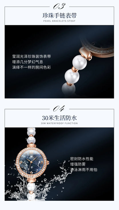 OLEVS Pearl Chain Watch for Women Luxury Diamond Dial Waterproof Original Top Brand Quartz Watches Gift Sets Relógio Feminino