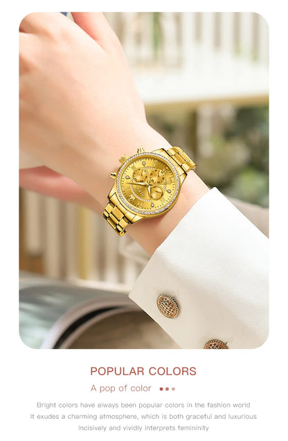 OLEVS Quartz Women's Watch Elegant Luxury Diamond Gold Stainless Steel Three Small Dials Luminous Waterproof Ladies Hand Clock