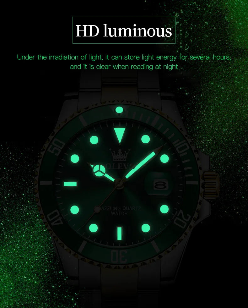 Montre Homme OLEVS Diver Vert Montre Étanche pour Homme Acier Inoxydable Quartz Homme Montre De Luxe Lumineuse