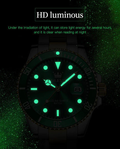 Montre Homme OLEVS Diver Vert Montre Étanche pour Homme Acier Inoxydable Quartz Homme Montre De Luxe Lumineuse