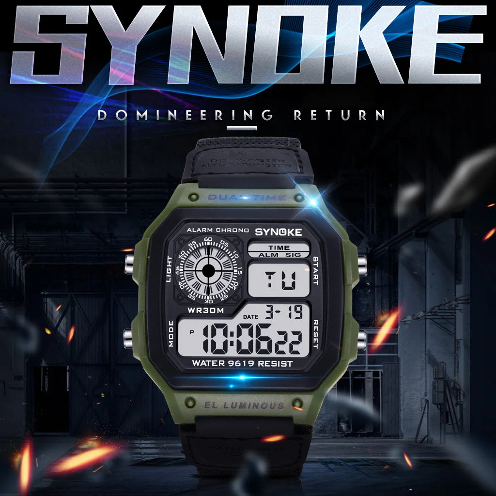 SYNOKE Montre numérique rétro avec bracelet en toile de nylon, lumineuse et étanche, pour homme, sport, carré, classique, étudiant, extérieur, militaire