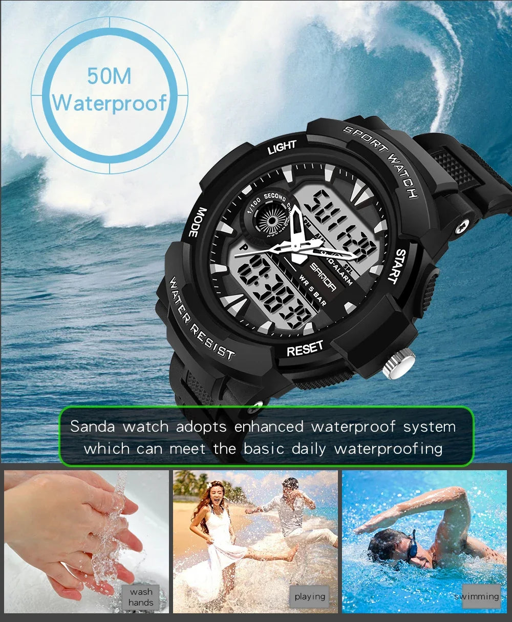 SANDA Digital Watch Men Military Army Sport Quartz Wristwatch Top Brand Luxury LED Waterproof Male Electronic Watches 6002