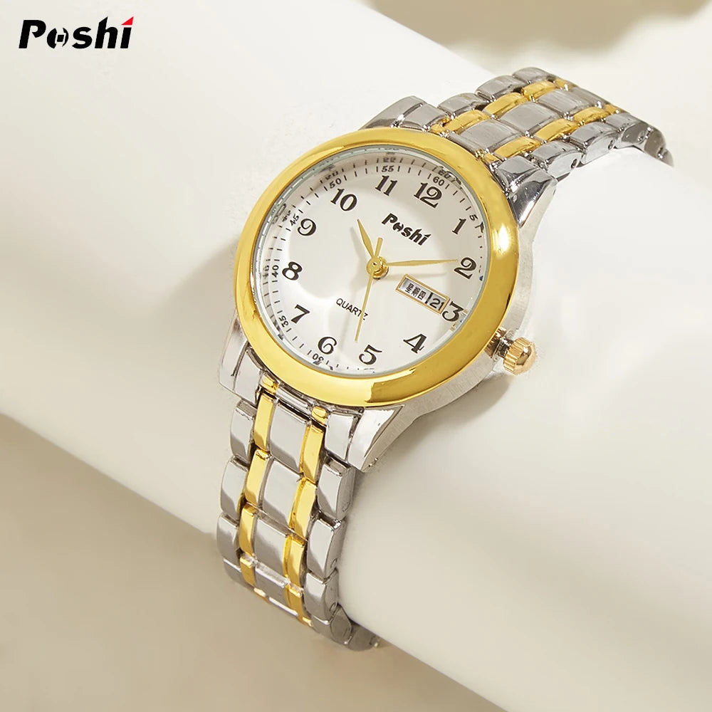 POSHI Quartz Watch for Women Fashion Ladies Bracelet Luxury Stainless Steel Strap Date Week Original Waterproof Women's Watches