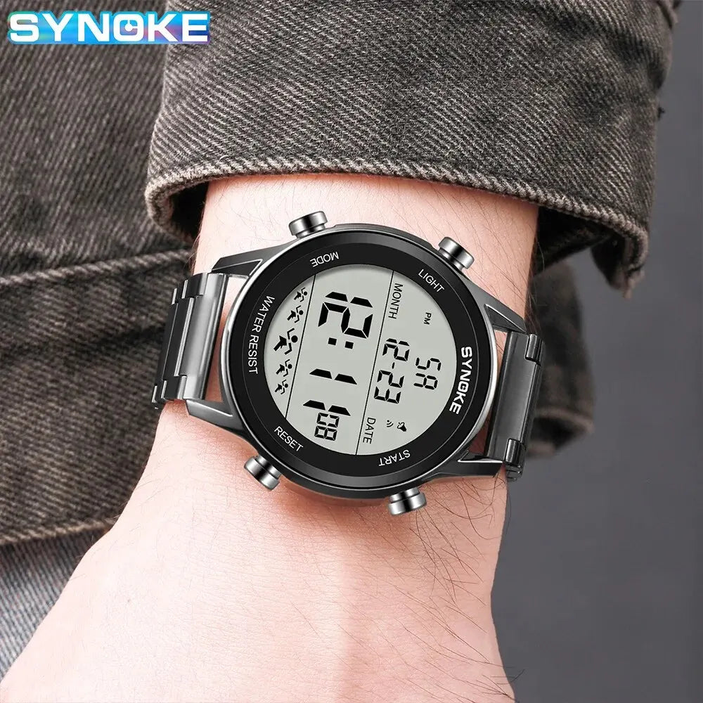 SYNOKE Montre de sport de luxe pour homme avec bracelet en acier inoxydable et alarme numérique, étanche et rétroéclairée