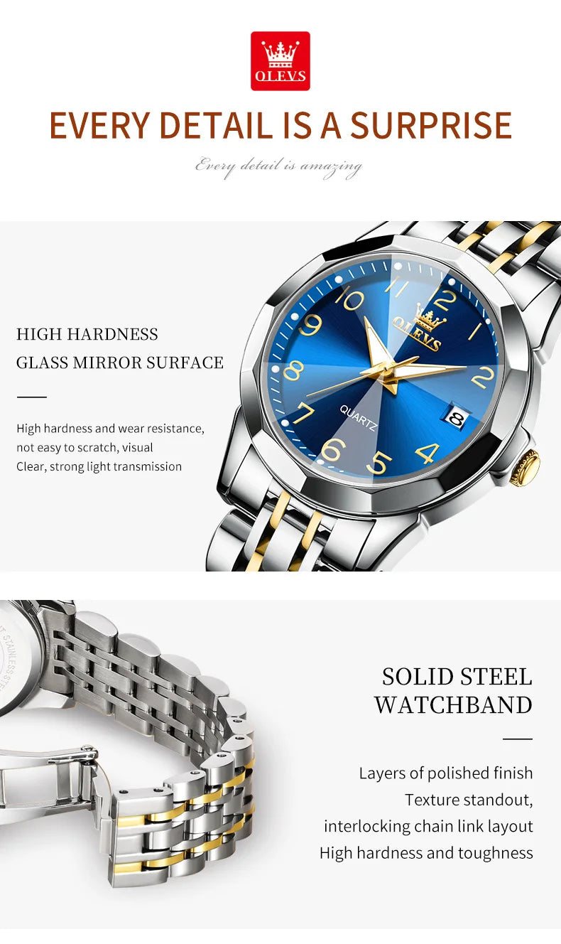 OLEVS Golden Watch for Women Luxury Elegant Rhombus Design Digital Dial Stainless Steel Strap Waterproof Calendar Clock Ladies