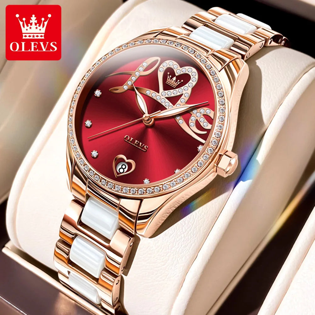 OLEVS Original Automatic Wrist Watch for Women Fashion Elegant Diamond  “Love” Dial Ceramics Strap Mechanical Wristwatch Set