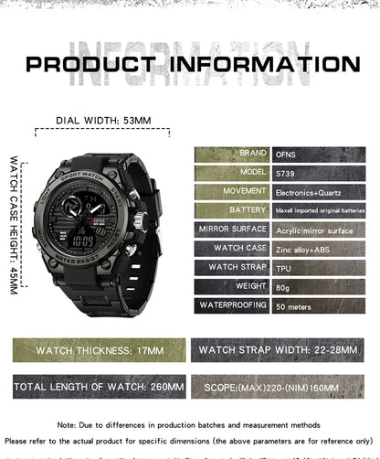 OFNS Top Brand 739 Men's Digital Watch Military Sports Watch Dual Screen Waterproof Quartz Electronic Watch Reno Masculino